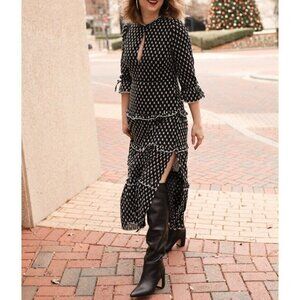 Rahi Cali Sz M Long Black Swiss Geometric Dot Square Ruffled Tiered Maxi Dress